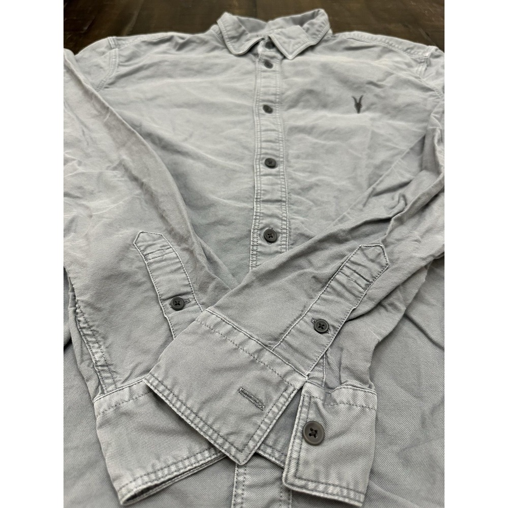 AllSaints Mens Gray Solid Long Sleeve Button Up Cotton Logo Shirt Large - Picture 2 of 12